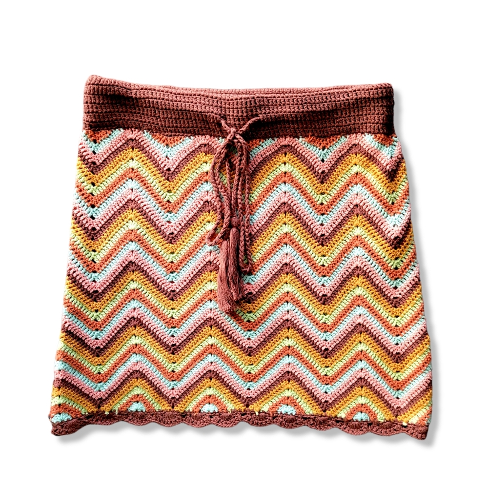 F21 Crochet Knit Cheveron Cottagecore Boho Mini Skirt, M - Picture 6 of 9
